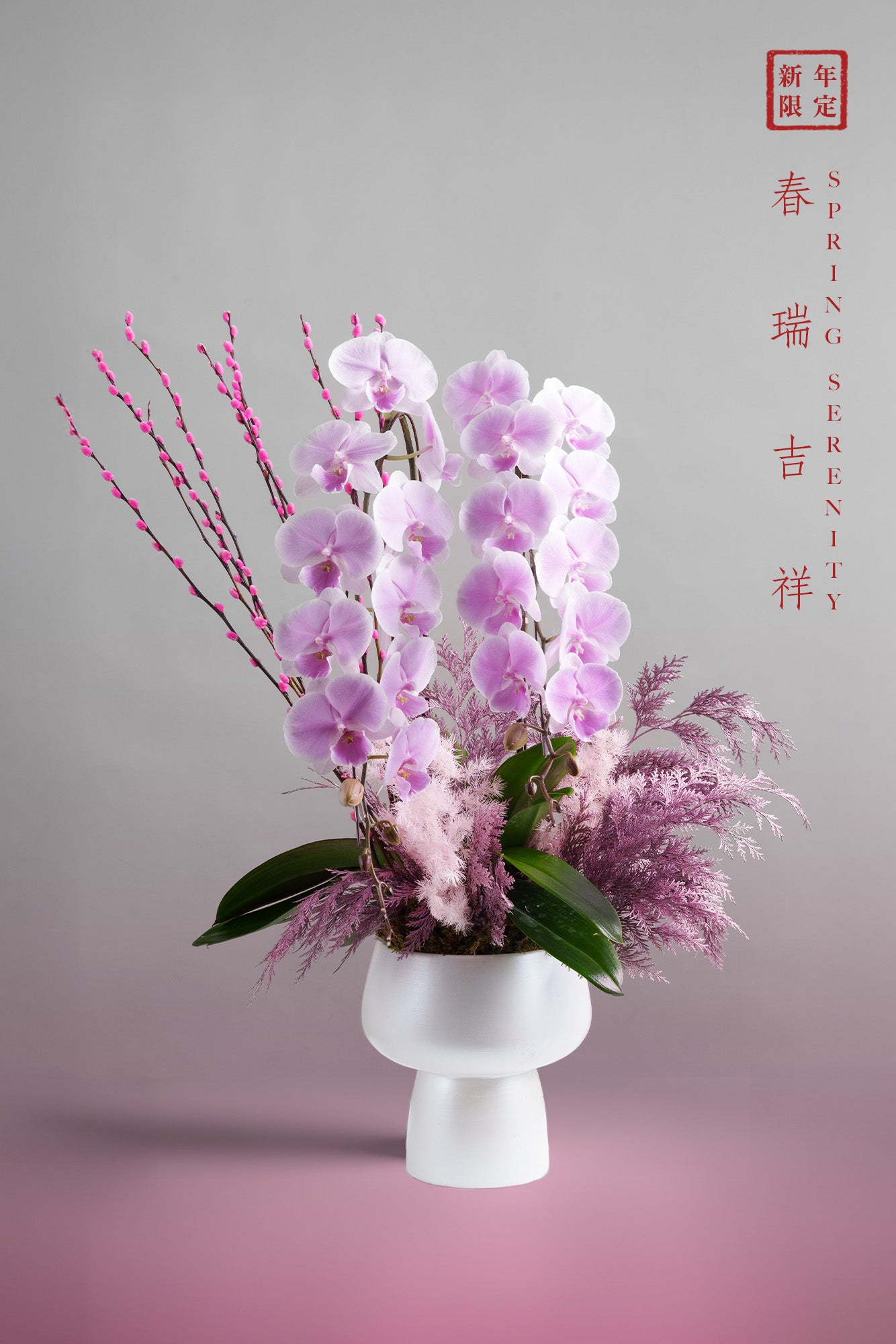 Spring Auspice arrangement with pink orchids, pussy willows, and delicate foliage, symbolising prosperity and harmony for Lunar New Year.